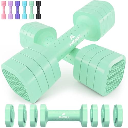 Image of Amonax Adjustable Dumbbells Set, 1kg/2kg/3kg/4kg/5kg Dumbbell Pair, 4-in-1 and 5-in-1 Weights Dumbbells Set Women Men, Free Weights for Home Gym (Green, 2.3kgx 2)