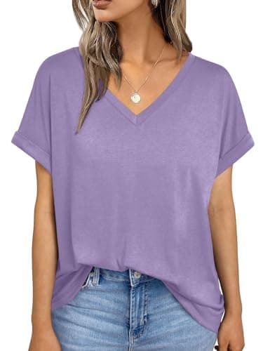 Image of AirMood Women Loose Fit Short Sleeve Tshirts Casual Basic V Neck Summer Tops (Purple,L)