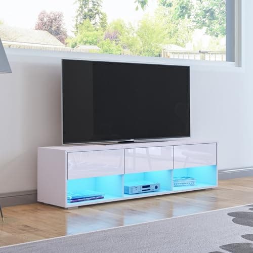 Image of TV Stand Cabinet, 150cm Modern High Gloss Front TV Unit with LED lights, Entertainment Unit Cupboard with 3 Drawers and 3 Open Shelves, Storage Furniture for Living Room Bedroom Office Home, White