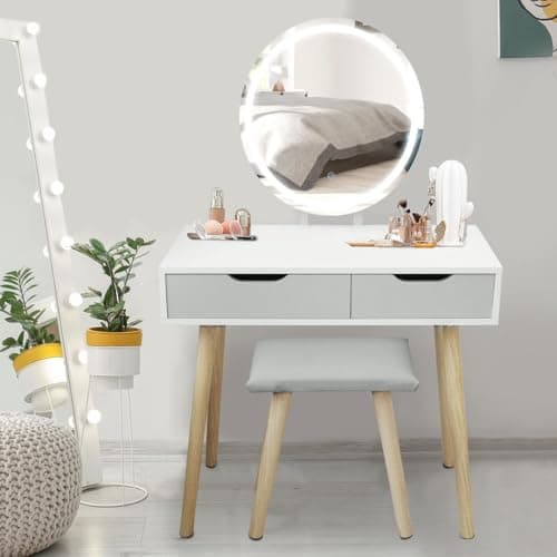 Image of Alivio Hollywood Dressing Table Set with Stool & LED Oval Mirror - Glam Vanity Makeup Table 81 x 41 x 133cm (Grey)