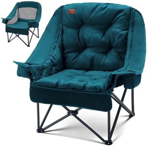 Image of EVER ADVANCED 2-in-1 Oversized Camping Chair, Heavy Duty Folding Chair with 6cm Removable Padded Cushion, 180kg Capacity, Cup Holder & Side Pocket for Fishing, Garden, Green