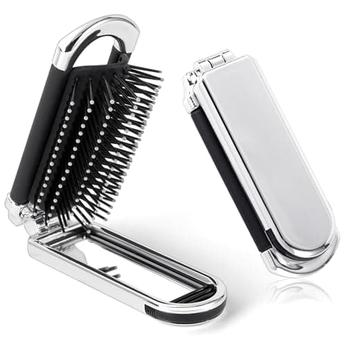 Image of OSDUE Folding Hair Brush With Mirror, Mini Travel Portable Pocket Size Comb With Soft Nylon Bristles, Collapsible Anti-static Compact Styling Tool for Gym, Swimming