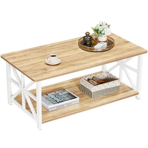 Image of GreenForest Modern Coffee Table with 2-Tier Storage, Wooden 100 cm Living Room Table with Round Corner, Centre Table with X-Frame Design for Home Office,Oak