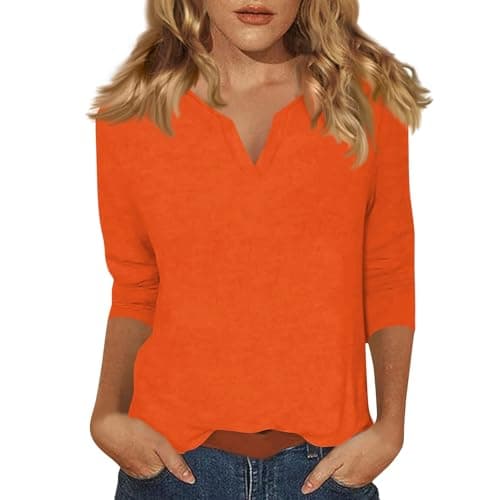 Image of Womens 3/4 Sleeve Tops Ladies Fashion Clothes Women's V-Neck T-Shirt Casual Comfy V Neck Tunic Basic Tee Solid Color Blouses Lightweight Long Shirt Office (Orange, M)