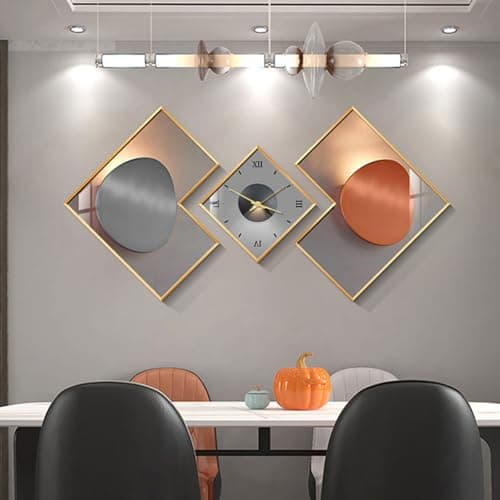 Image of HHomary 3-Piece Geometric Wall Clock Set with Silent Movement – Modern Decorative Clocks and Canvas Paintings for Living Room, Office, or Kitchen (Multi-color)