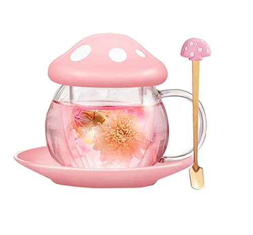 Image of Mushroom Tea Cup Set, Cute Glass Tea Cups and Saucers, Kawaii Tea Cup with Infuser for Loose Leaf Tea Steeper, Coffee Mug Christmas Gifts for Women,Tea Infuser Mug with Lid for Mother Girls (Pink)