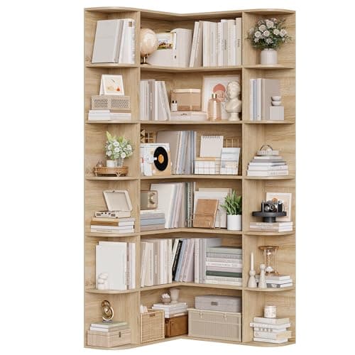 Image of FirFurd Bookcase Oak Corner Bookshelf 6 Tiers Tall Bookcase Free Standing with Open Storage Display Rack L-shaped Book Shelf for Living Room Home Office 185x84x80cm