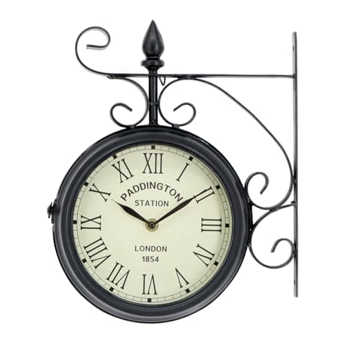 Image of CHARLES BENTLEY Paddington Outdoor And Indoor Double Sided Wall Clock, Black, Analogue Design, Plastic, Metal, Quiet Ticking, Roman Numerals, Vintage, Patio Clock, Living Room, Kitchen (32x27x9.5cm)