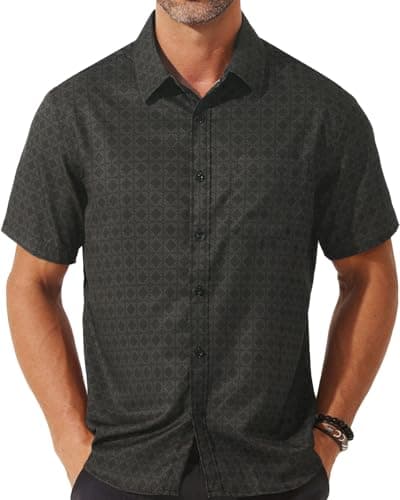 Image of fohemr Mens Short Sleeve Printed Dress Shirt Summer Casual Wrinkle Free Button Down Pattern Shirt with Pocket Brown Large