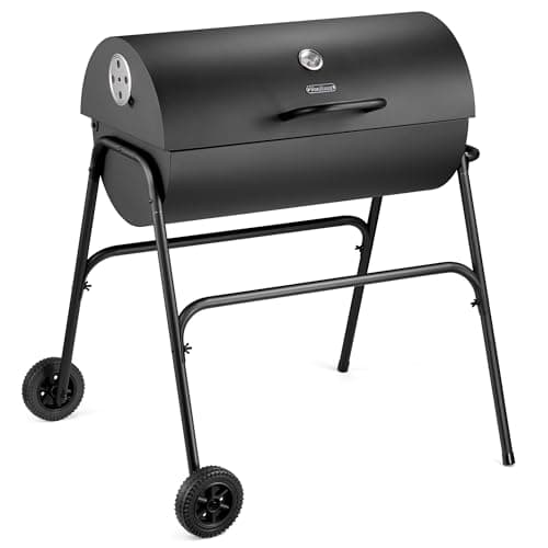 Image of VonHaus Charcoal BBQ – Portable Barrel Barbecue with Warming Rack, Temperature Gauge, Wheels, Large Cooking Grill, Air Vents – 2 in 1 Barbeque and Smoker – Grill Meat, Fish & Vegetables