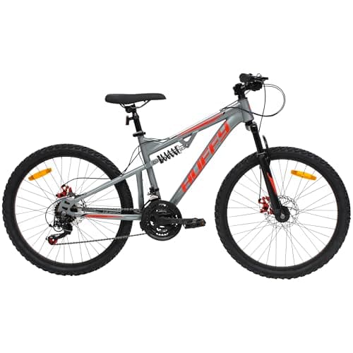 Image of Huffy Marker 24" Full Suspension Mountain Bike, Grey – Boys MTB Age 12+, 21-Speed + Disc Brakes - Fits Riders 4'8"- 5'6" Tall