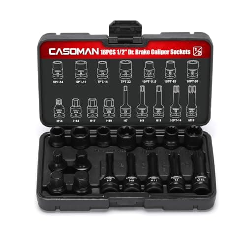 Image of CASOMAN 16-Piece 1/2" Drive Impact Brake Caliper Socket Set, 5PT 7PT 10PT M14 M18 & Hex Sockets Compatible with Ford Benz BMW VW Audi Porsche