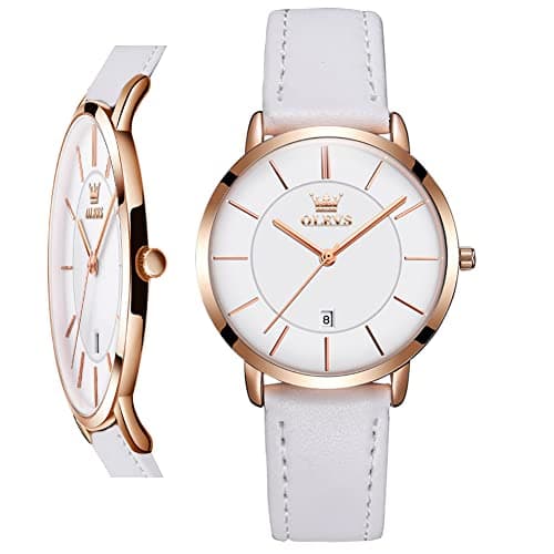 Image of OLEVS Women Wrist Watches Ultra Thin 6.5mm Minimalist Business Dress Waterproof & Date White Leather Strap Slim Watches for Women