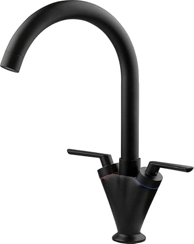Image of Swan Dual Lever Black Kitchen Sink Mixer Taps Monobloc 360 Degrees Swivel Spout with Hoses Standard Fittings