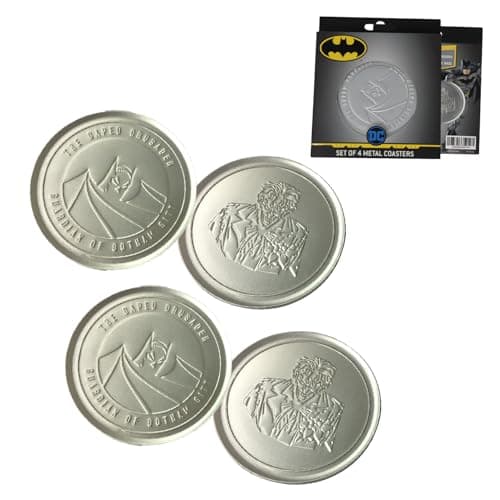 Image of DC Batman Set of 4 Embossed Metal Coasters – Officially Licensed, Non-Slip Cork Base, Display Box Included (89mm Diameter)