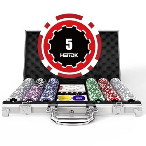 Image of HEITOK 300 Piece Numbered Poker Chip Set 11.5g Heavyweight with Aluminium Case, 2 Decks Cards, Dealer Buttons & 5 Dice for Texas Holdem