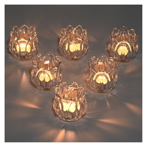 Image of YoHyien Set of 6 Glass Tea Light Candle Holders, Tulip Tealight Holders for Table Centerpiece, Votive Candle Holders for Christmas, Wedding, Birthday Party, Home Decor (Clear)
