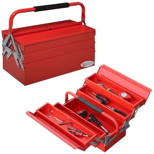 Image of DURHAND Metal Tool Box 3 Tier 5 Tray Professional Portable Storage Cabinet Workshop Cantilever Toolbox with Carry Handle, 45cmx20cmx34.5cm, Red
