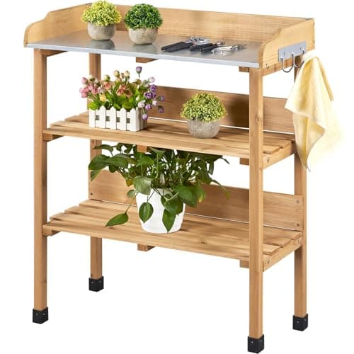 Image of Yaheetech Garden Potting Table, Wooden Germination Table Planting Work Station with Hooks and Shelves for Patios/Courtyards, Wood