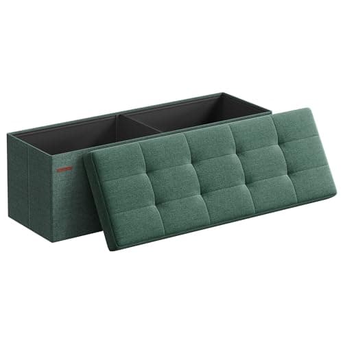 Image of SONGMICS MAZIE Collection - Storage Ottoman Bench, 110 cm Folding Foot Rest Stool, End of Bed Bench, Easy Assembly, for Living Room, Bedroom, Entryway, Retro Green LSF077C51