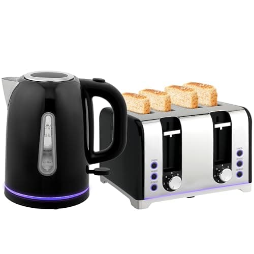Image of HOMCOM Kettle and Toaster Set, 1.7L 3000W Rapid Boil Jug Kettle with Otter Thermostat, Limescale Filter, 4 Slice Toaster with 7 Browning Controls, Crumb Tray, LED Strip, Black