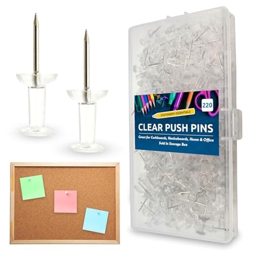 Image of SOL 220pcs Clear Push Pins - Multipurpose Clear Drawing Pins for Pinboards, Noticeboards, Corkboards, Home & Office - Transparent for Organised Display - Comes with Storage Box for Easy Storage