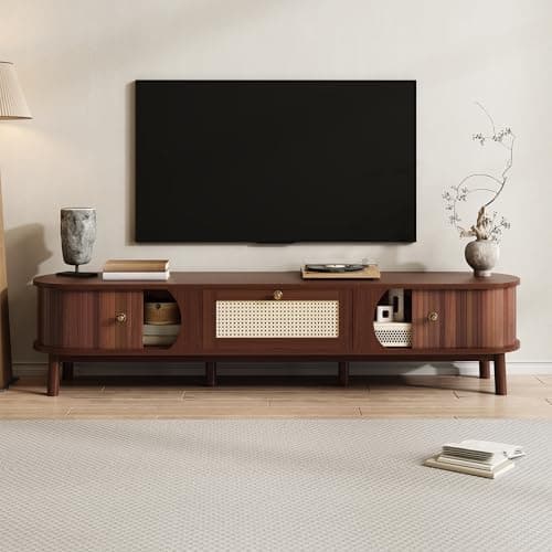Image of Merax TV Cabinet,Wooden TV Stand, Walnut TV Unit Storage Cabinet for Living Room, Rustic Media Console with Solid Wood Legs, Sliding Doors and Rattan Drawers 170 L x 39.5 W x 38 H (cm)