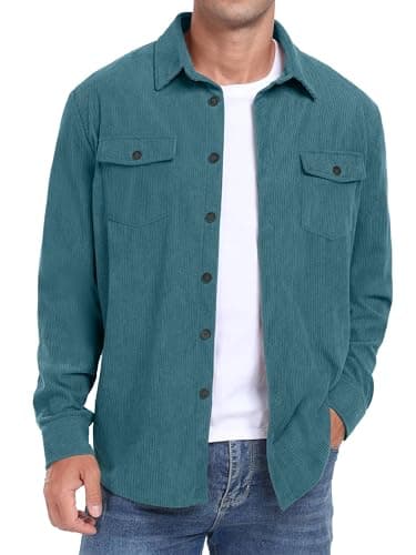 Image of QIXING Men's Corduroy Button Down Shirts Long Sleeve Shacket Trucker Jacket Autumn Winter Coats with Flap Pockets (Blue Green, M)