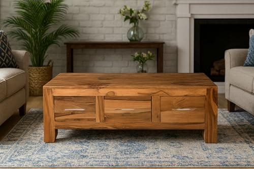 Image of Oak and Pine Online Solid Sheesham Wood 3 Drawer Coffee Table | Cube Petit Dark Rosewood Living Room Furniture | Handcrafted Hardwood Storage Coffee Table with Drawers for Modern & Rustic Interiors.