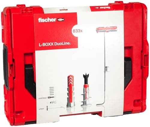 Image of fischer - DuoLine L-Boxx, Assorted Boxes DuoPower, DuoTec and DuoBlade dowels, dowels for plasterboard, Bricks, Concrete, Diameter 6, 8, 10, Rigid and Stackable Boxes of 833 Pieces Red/Grey