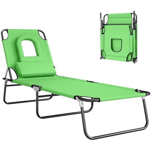 Image of Outsunny Folding Sun Lounger with Face Hole, 4-Position Adjustable Backrest Garden Recliner Chair Sunbed, Outdoor Lounge Chair with 600 D Oxford Cloth Seat, Pillow for Beach, Green
