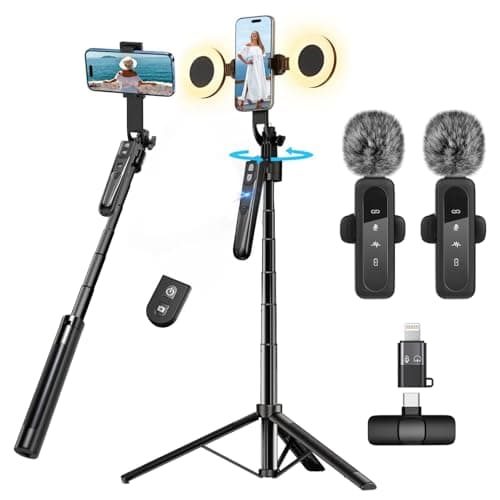 Image of YouTube Content Creator Vlogging Kit for iPhone/Android,70-inch Al Auto Face Tracking Tripod for iPhone with Light and Wireless Microphones,TikTok/YouTube Starter Kit