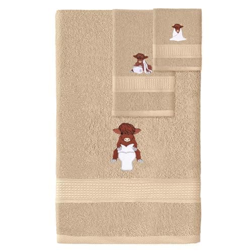 Image of Hillsuren 3 Pcs Highland Cow Bathroom Towel Set Farmhouse Embroidered Highland Cow Towels Vintage Decorative 100% Cotton Bath Towel Highly Absorbent Funny Decor Set for Bathroom