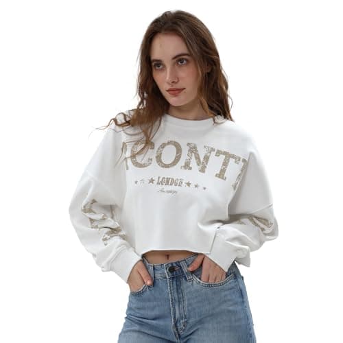 Image of Amazhiyu Womens Cropped Hoodie, Long Sleeve Oversize Printed Crewneck Sweatshirts, Pullover for Fall Spring UK White M