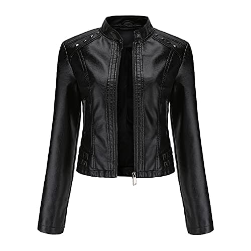Image of YYNUDA Women's Stylish Faux Leather Jacket With Rivets Zip Up Motorcycle Short PU Moto Biker Outwear Fitted Slim Coat Black XL