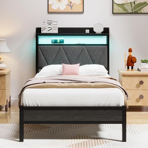 Image of HAHRIR Single Bed Frames with 3ft Upholstered Wooden Two-shelf Storage Headboard,Charging Station,LED Lights, 90x 190cm Heavy Duty Metal Bed Frame,No Box Spring Needed, Noise Free,Grey
