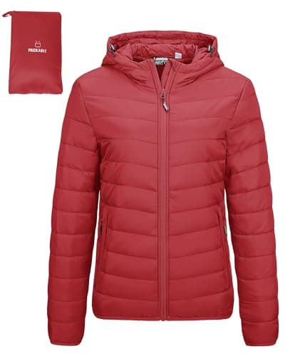 Image of Outdoor Ventures Women's Winter Lightweight Puffer Jacket with Hood, Warm, Short, Packable, Quilted, Transitional, Padded Jacket for Ladies, Lined for Hiking, Travel Red XL