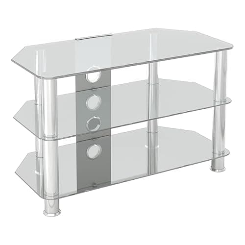 Image of AVF Clear Glass TV Stand - Clear Glass & Chrome Metal Leg TV Unit Floorstand with Cable Management, 80cm Wide, For TVs Up to 43" & 40kg - SDC800CMCC