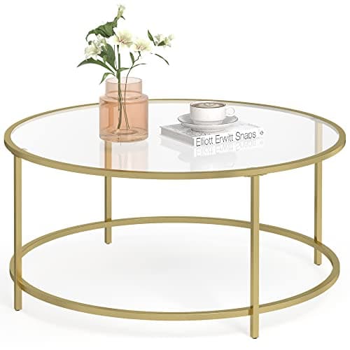 Image of VASAGLE Living Room Coffee Table Living Room Glass AER Frame Round Coffee Table Gold LGT21G