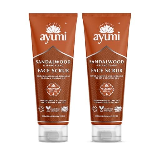 Image of Ayumi Sandalwood Face Scrub | Dry Skin Exfoliating Face Scrub | Black Head Remover for Face with Sea Kelp | Dull Skin Face Exfoliator Scrub | Aromatic FaceScrub for Women & Men | 2x125 ml