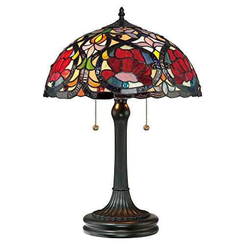 Image of 2 Bulb Table Lamp - Handcrafted Tiffany Style Painted Glass - Art Nouveau Pattern - Vintage Bronze - LED E27 60W Bulb