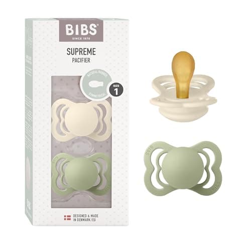 Image of BIBS Supreme Soother 2-Pack, BPA Free Dummy Pacifier, Symmetrical Nipple. Natural Rubber Latex, Size 1 (0-6 Months), Ivory/Sage