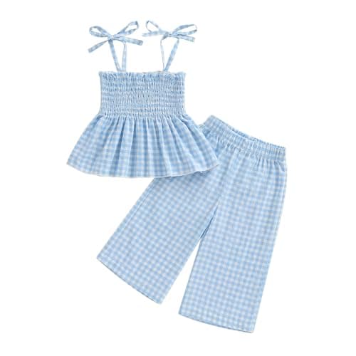 Image of Himllauen Toddler Baby Girl Casual Outfits Kids Eyelet Embroidery Cami Tops + Elastic Waist Plaid Print Wide Leg Pants 2 Pcs Summer Newborn Girl Set (Sky Blue, 6-9 Months)