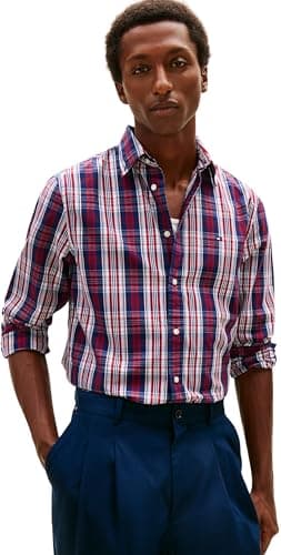 Image of Tommy Hilfiger Men Flex POPLIN Medium Check Shirt MW0MW41712 L/S Shirt, Blue, M
