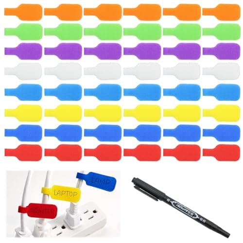 Image of ZOCONE 48Pcs Cable Labels Multi-Color Cord Labels Self Adhesive with a Pen 8 Multi-Color Cable Identification Tags Reusable Design Wire Label for Home Office Travel and Business Trips