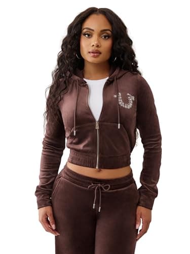Image of True Religion Women’s Branded Crystal Velour Zip Hoodie – Full‑Zip Plush Sweatshirt, Fudge, XS