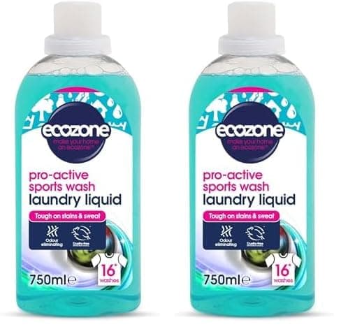 Image of Ecozone Pro-Active Sports Wash, Ultra Concentrated Laundry Liquid Bio Detergent, Washing Machine Clothing Stain & Odour Removal, Natural Vegan Non Toxic Eco-Friendly, Gentle on Skin, 16 Washes (750ml)