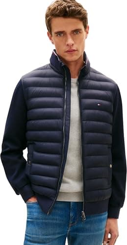 Image of Tommy Hilfiger Men’s Stand Collar Mix Media Quilted Sweatshirt with Zip, Blue (Desert Sky), M