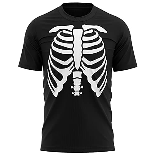 Image of Purple Print House Mens Skeleton Body T Shirt, Skeleton Outfit Fancy Dress for Him, Scary Bones Mens Rib Cage Costume Easy Quick Cheap Dad Gift Idea for Trick Or Treat, XXL, Black