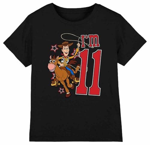 Image of Toy Story Boys Birthday Woody I'm 11 Unisex Kids T-Shirt, Black, 3-4 Years UK